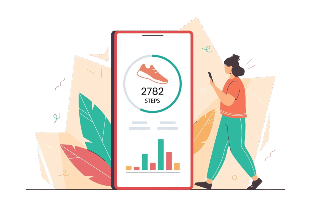 Woman counting steps and earning money from app