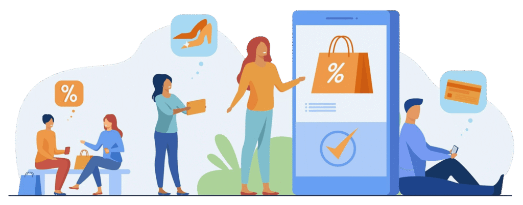 E-commerce customers with phones shopping online